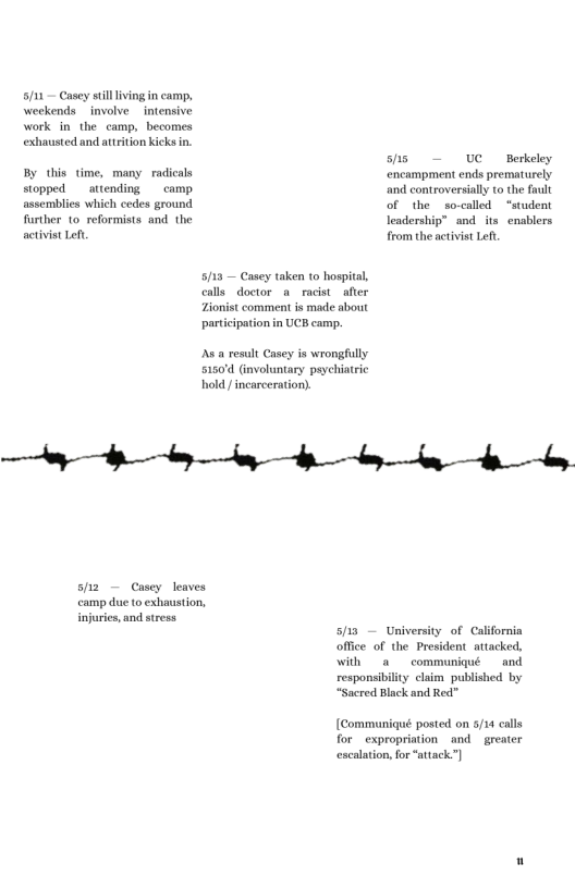 /11— Casey still lving in camp, weekends _involve  intensive work in the camp, becomes exhausted and atrition Kicksin.  shs  — UC Berkeley By this time, many radicals encampment ends prematurely. stopped  attending  camp and controversially to the fault assemblies which cedes ground of o-called “student further 1o reformists and the leadership” and its enablers  activist Left from the actvist Lt  5/13 — Casey taken to hospital, calls doctor a racist afier Zionist comment is made about participation in UCB camp.  As a result Casey i wrongfully 51504 involuntary peychiatric hold/ incarceration).  ey Ay ey  sz — Casey leaves  camp due to exhaustion,  injuries and stress. 5/13 — University of California office of the President attacked, with a  communiqué  and responsibilty claim published by “Sacred Black and Red”  [Communiqué posted on 5/14 calls for_expropriation and  greater escalation, for “attack”]  